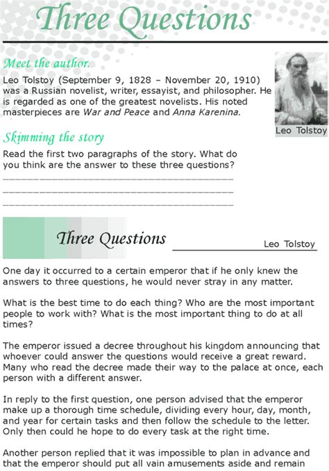 Grade 8 Reading Lesson 24 Short Stories Three Questions Its A N