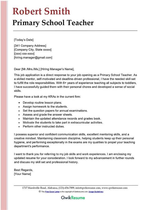 Primary School Teacher Cover Letter Examples Qwikresume