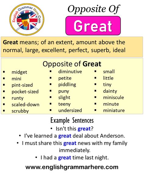 An antonym is a semantic term for words that have opposite meanings or definitions. Opposite Of Great, Antonyms of Great, Meaning and Example ...