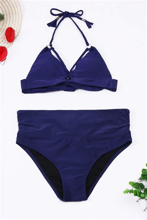 Navy Blue Solid 2pcs Braided Halter Beach Bottom Bikini Swimsuit With