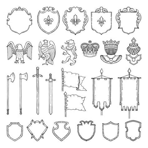 Medieval Heraldic Symbols Isolate On White Banner Drawing Medieval