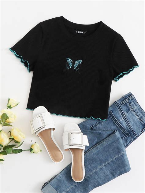 Lettuce Trim Butterfly Embroidery Crop Top Crop Top Outfits Knit Top