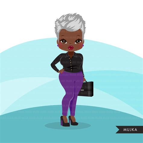 Afro Mature Woman Clipart With Purple Business Suit Briefcase And Gla