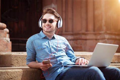 Smiling Handsome Guy Listening To Music Stock Photo Image Of