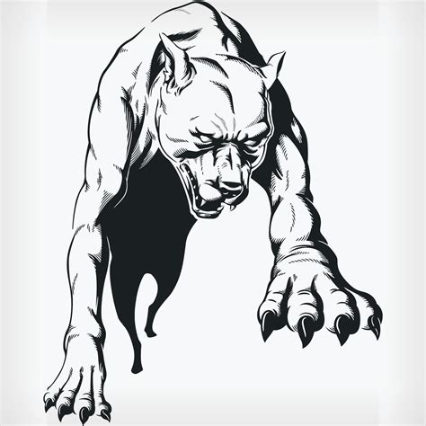 Silhouette Jumping Aggressive Pitbull Stencil Front View Drawing