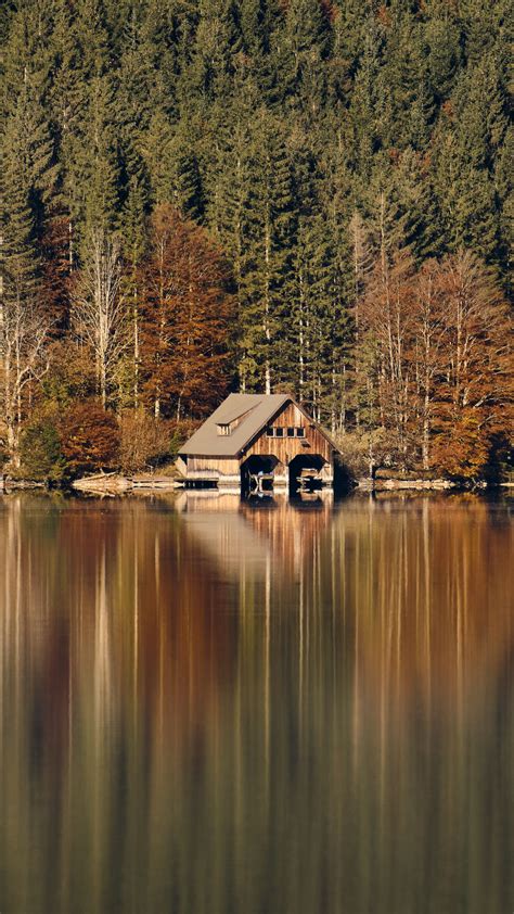 Download Wallpaper 1440x2560 House Forest Lake Reflection Autumn