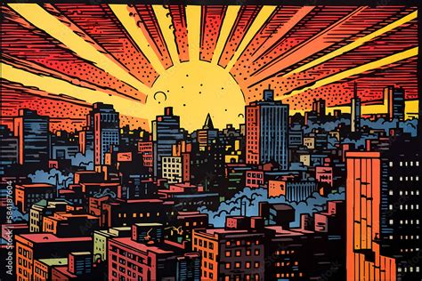 A Painting Of A City Skyline At Sunset Comic Book Style Digital Art