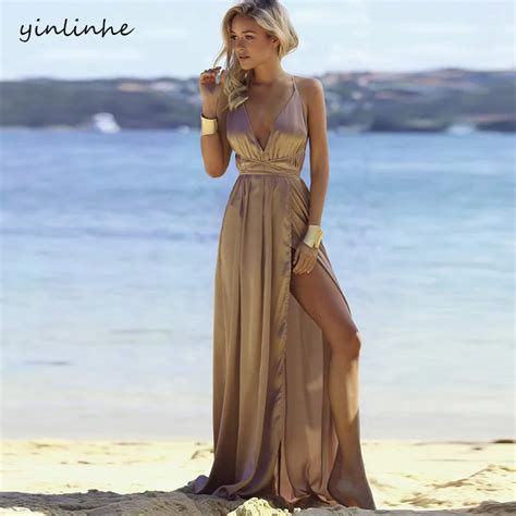 Yinlinhe Long Maxi Beach Dress Backless V Neck Sexy Summer Dress