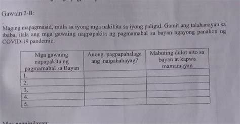 Mga Gawaing Nagpapakita Ng Pagmamahal Sa Bayan12345anong