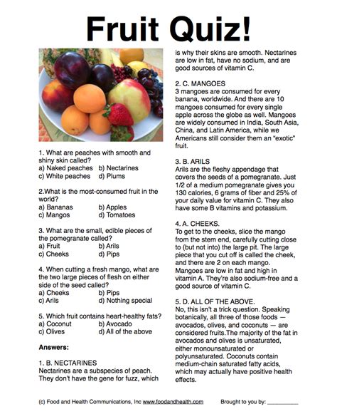 Create and print a quiz with trivia questions in random categories or in any subcategory of your choice. Fruit Quiz | nutritioneducationstore.com