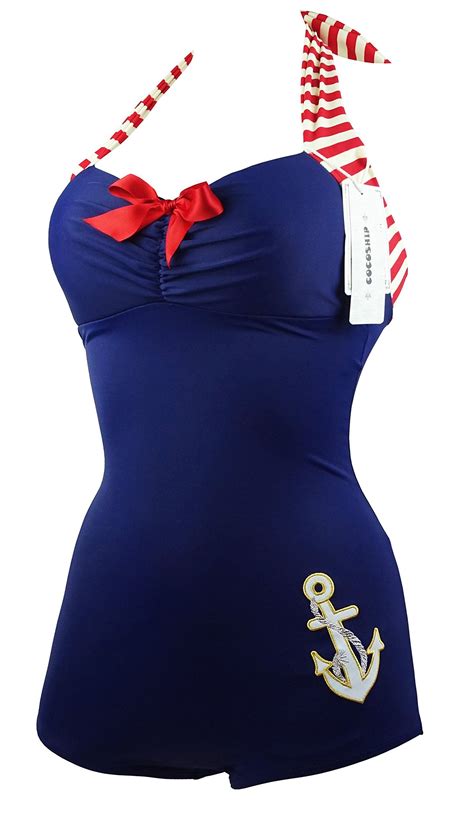 Cocoship 50s Retro Navy Blue Nautical One Piece Maillot Anchors Away