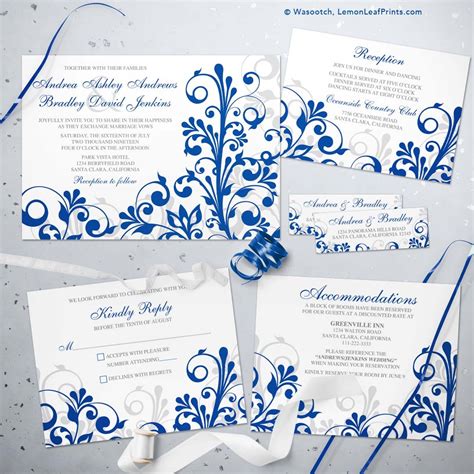 Royal Blue Bold Floral Wedding Invitation Set Royal Blue Grey White