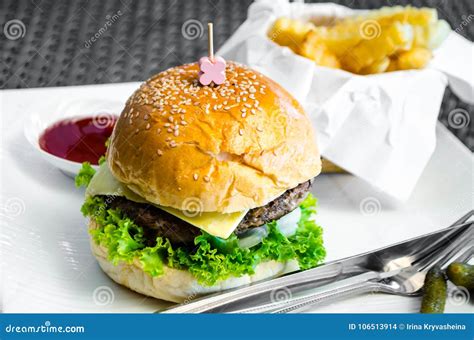 Fast Food Hamburger French Fries And Ketchup Stock Photo Image Of