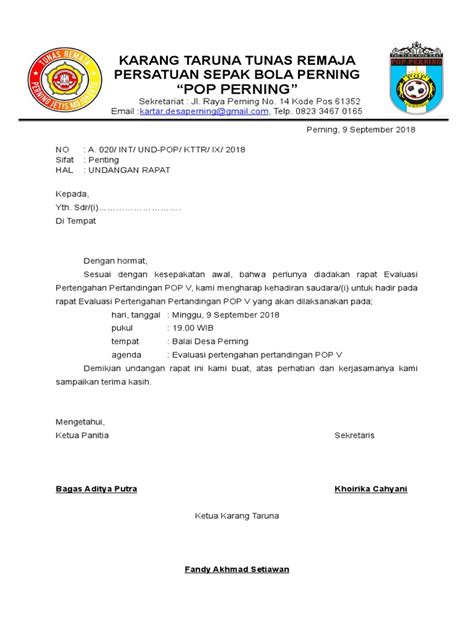 Pimpinan daerah ikatan mahasiswa nahdlatul ulama sekretariat : Contoh Undangan Rapat Sepak Bola - Joonka