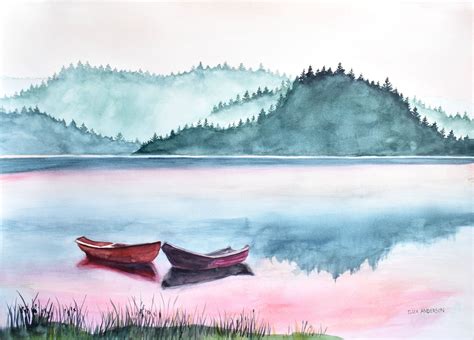 Original Watercolor Painting Lake Painting Reflection Etsy Lake