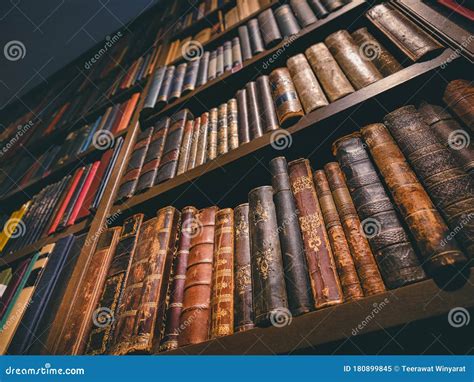 Old Ancient Books On Bookshelf History Book Library Collection Stock