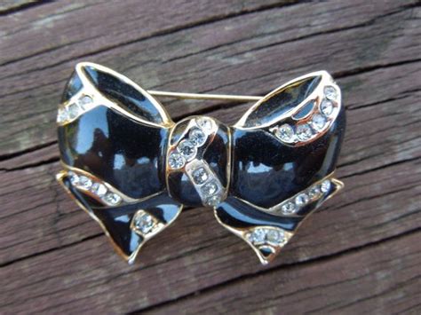 Vintage Bow Brooch Gold Tone With Rhinestones And Black Enamel Very Nice Condition Ask A