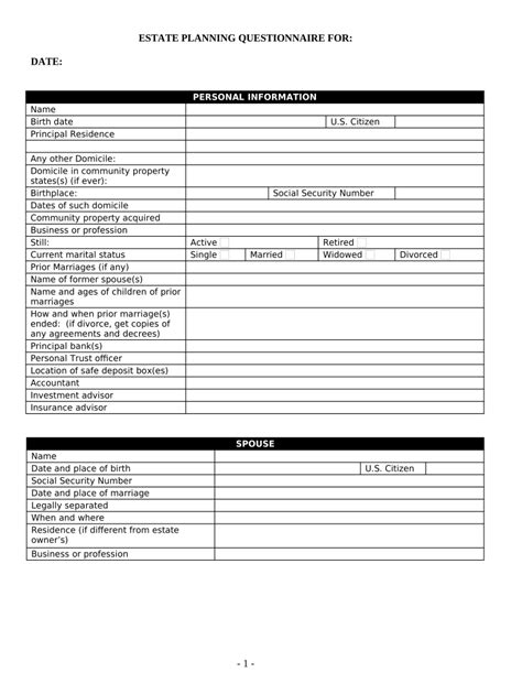 Estate Planning Questionnaire And Worksheets South Carolina Form Fill Out And Sign Printable
