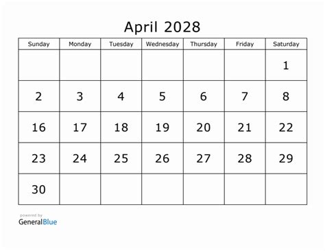 Printable April 2028 Calendar