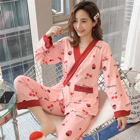Sweet Women Spring Satin Pajamas Suit Japanese Style Ladies Home Wear Sleep Set Kimono Shirt