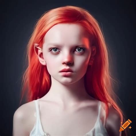 thin girl with pale skin in a white dress with red hair and black eyes on craiyon