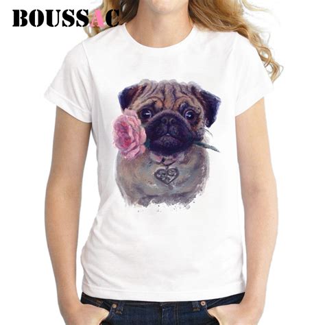 Boussac Cute Pug T Shirt Flowers And Pug Print Women T Shirt Short