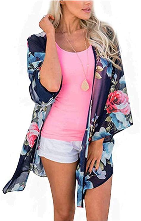 joellyus womens kimono cardigan beach cover up floral chiffon blue02 size xx large