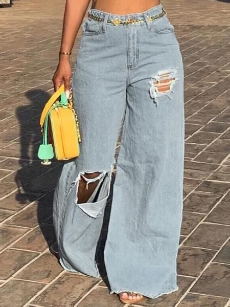 Ripped Wide Leg Jeans In 2020 Denim Style Casual Wide