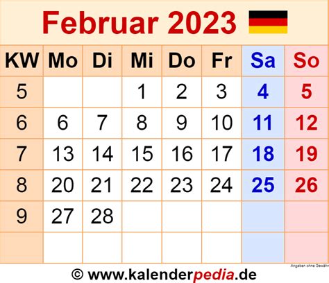 Kalender Februar 2023 Als Excel Vorlagen