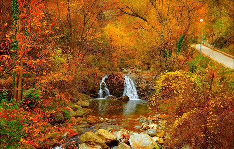 Wallpaper Stream Waterfall Autumn Stones Fall Foliage River