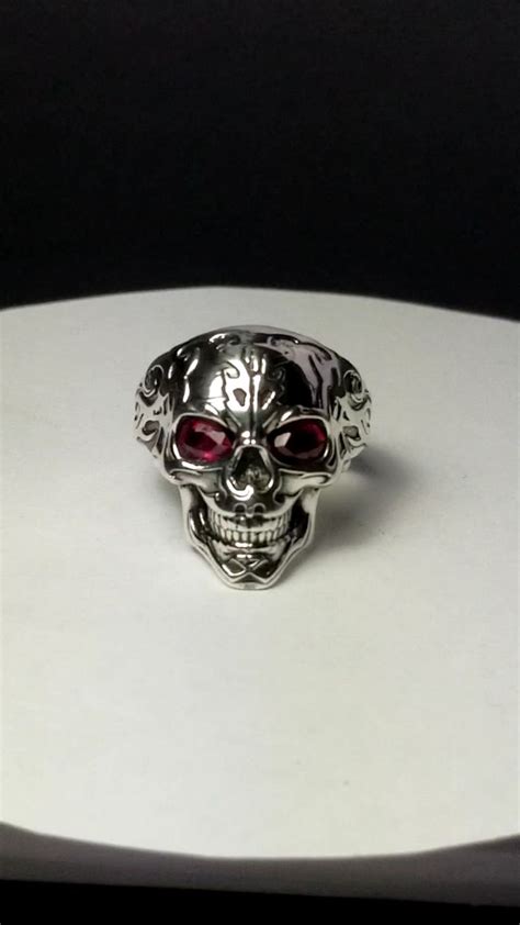 925 Sterling Silver Skull Ring With Natural Red Ruby Or Garnet Eyes