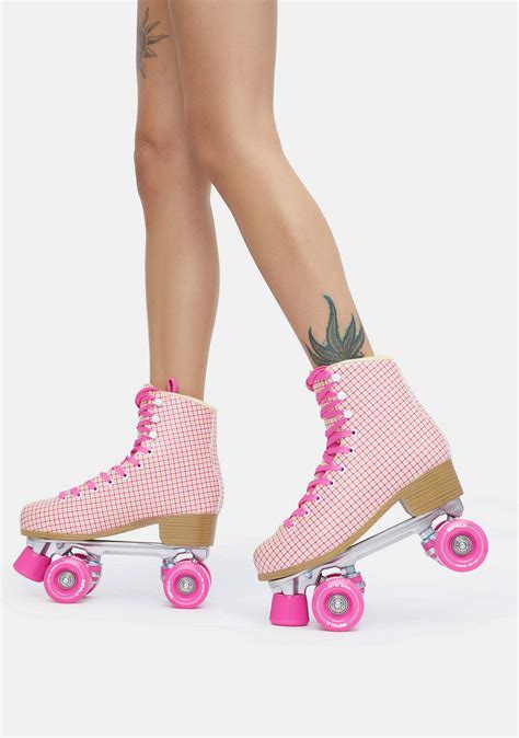 pink tartan quad roller skates in 2021 pink roller skates quad roller skates roller skate shoes