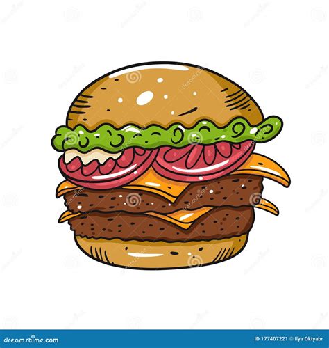 Double Cheeseburger Hand Drawn Vector Illustration In Cartoon Style