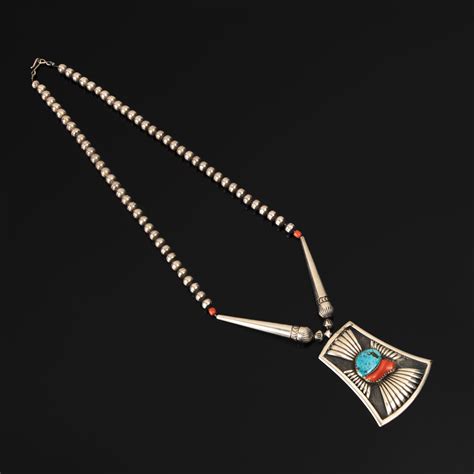 Lot Kenneth Begay Turquoise Coral Inlay Silver Necklace