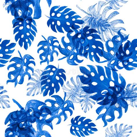 Indigo Monstera Pattern Background Seamless Textile Azure Watercolor