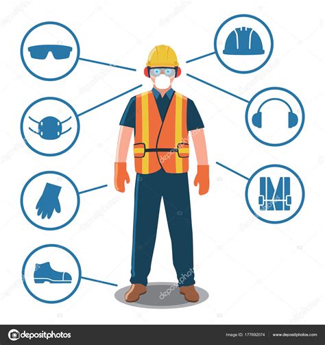 Trabajador Con Equipo Protección Personal Iconos Seguridad Vector Gráfico Vectorial © Bonezboyz