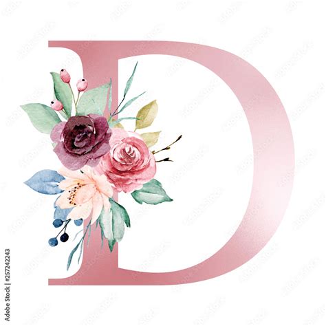 Floral alphabet, letter D with watercolor flowers and leaf. Monogram