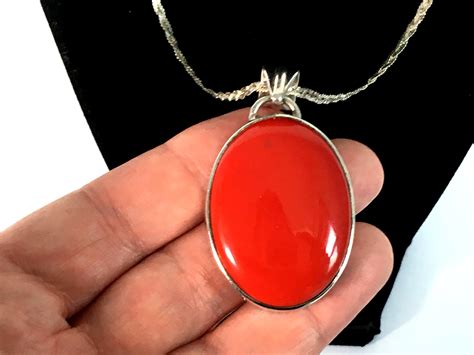 Vintage LARGE Sterling Silver Red Stone Pendant Necklace Mod Heavy