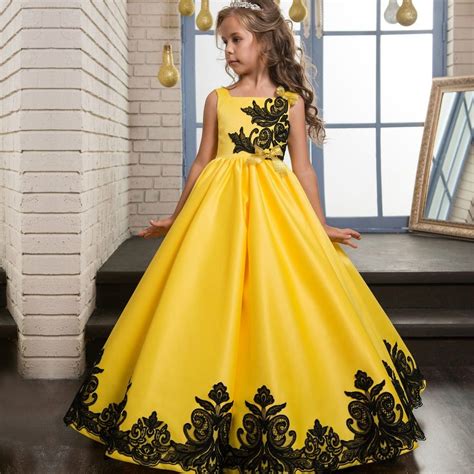 Princess Satin Lace Applique Yellow Party Prom Dress Children Kids Long