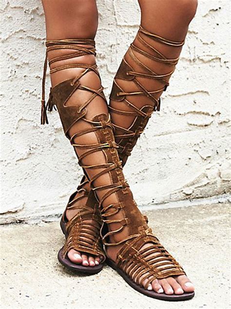 Brown Lace Up Knee High Gladiator Flat Sandals Gladiator Sandals Long Gladiator