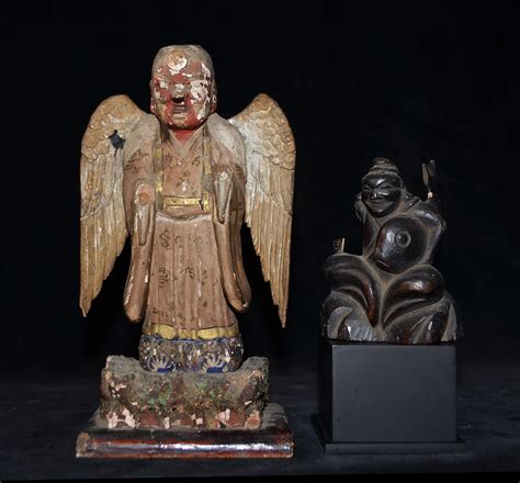 Lot A Fine Old Carved Painted Wood Home Alter Sculpture Deity Tengu Th Century And An Old