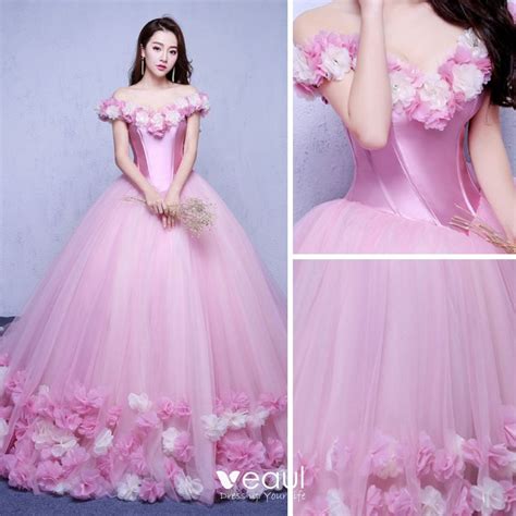 Elegant Candy Pink Wedding Dresses 2018 Ball Gown Appliques Off The