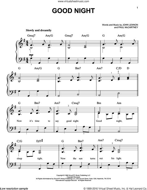 Good Night Easy Sheet Music For Piano Solo Pdf Interactive