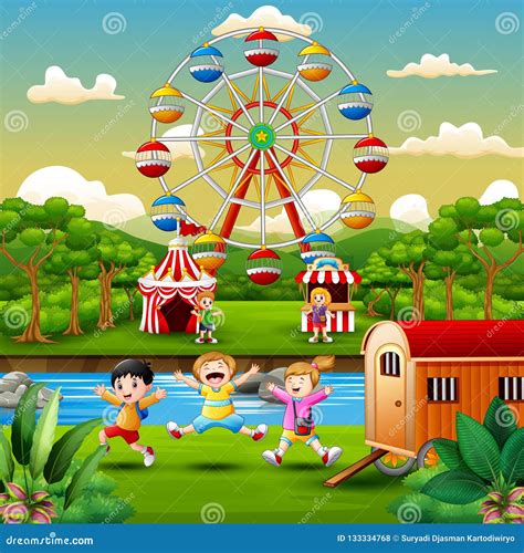 Cartoon Of Kids Having Fun At Amusement Park Stock Vector