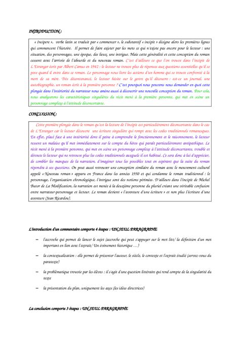 Exemple Dintroduction Et De Conclusion Pour Le Commentaire Littéraire Notes Français Docsity