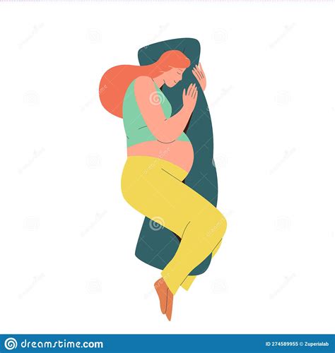 sleeping pregnant woman character with special pillow relaxing in best posture for health and