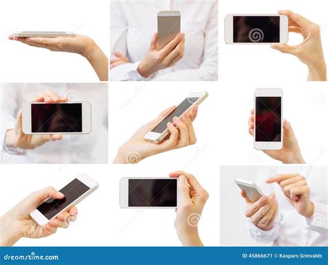Woman Holding Mobile Phone Collage Of Different Photos Stock Image