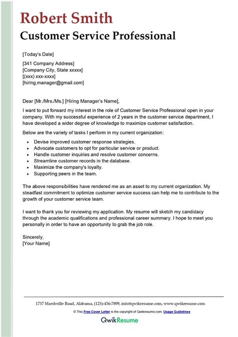 Customer Service Professional Cover Letter Examples Qwikresume
