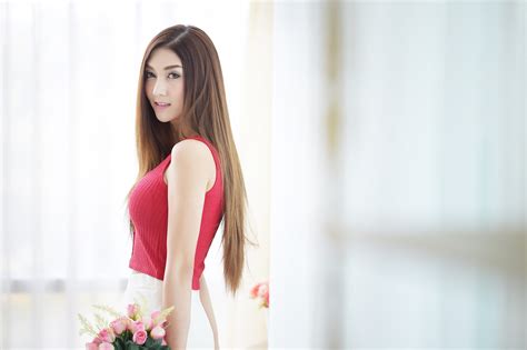 Wallpaper Women Model Flowers Long Hair Asian Dress Fashion Lingerie Pink Skin