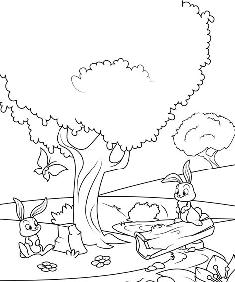 Rabbits Under The Tree Coloring Page - Free Printable Coloring Pages